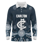 Custom Carlton Football Long Sleeve Polo Shirt Go Blues Aboriginal Art - Aussie Hoodie