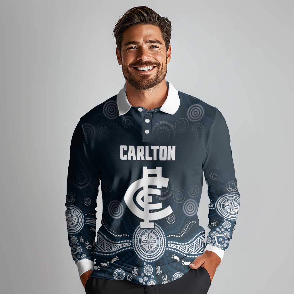Custom Carlton Football Long Sleeve Polo Shirt Go Blues Aboriginal Art - Aussie Hoodie