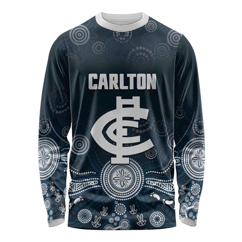 Custom Carlton Football Long Sleeve Shirt Go Blues Aboriginal Art - Aussie Hoodie
