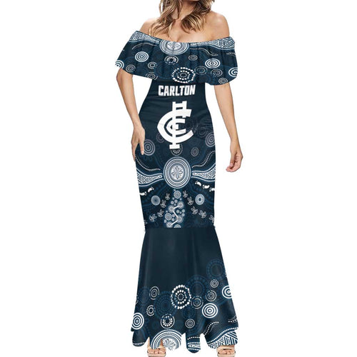Custom Carlton Football Mermaid Dress Go Blues Aboriginal Art - Aussie Hoodie