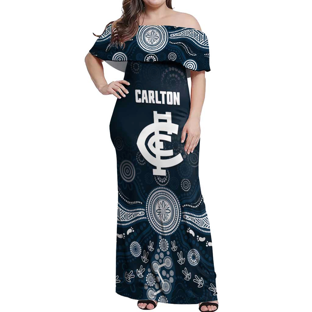 Custom Carlton Football Off Shoulder Maxi Dress Go Blues Aboriginal Art - Aussie Hoodie