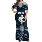 Custom Carlton Football Off Shoulder Maxi Dress Go Blues Aboriginal Art - Aussie Hoodie