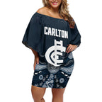 Custom Carlton Football Off Shoulder Short Dress Go Blues Aboriginal Art - Aussie Hoodie