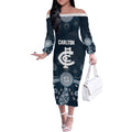 Custom Carlton Football Off The Shoulder Long Sleeve Dress Go Blues Aboriginal Art - Aussie Hoodie
