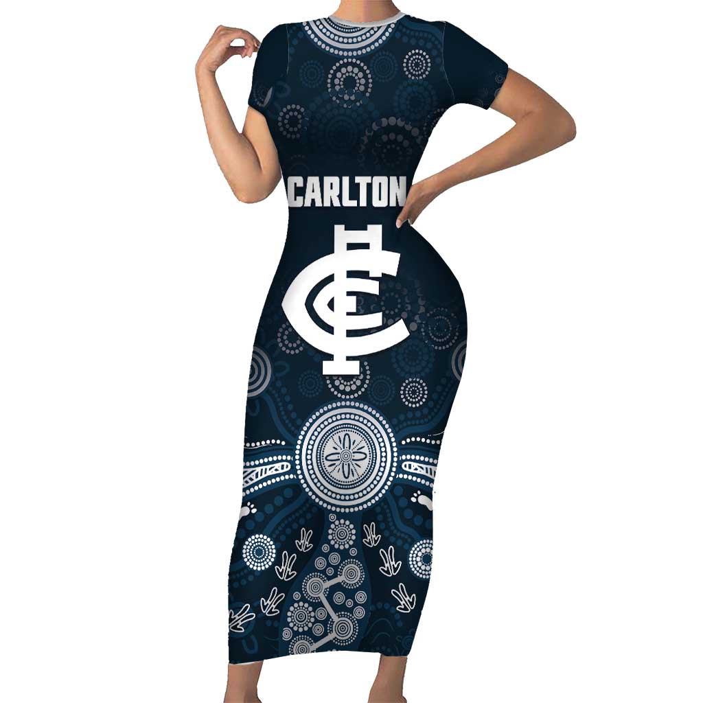 Custom Carlton Football Short Sleeve Bodycon Dress Go Blues Aboriginal Art - Aussie Hoodie