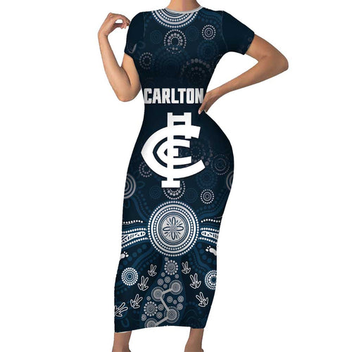 Custom Carlton Football Short Sleeve Bodycon Dress Go Blues Aboriginal Art - Aussie Hoodie