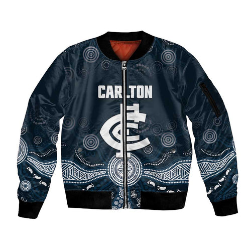 Custom Carlton Football Sleeve Zip Bomber Jacket Go Blues Aboriginal Art - Aussie Hoodie
