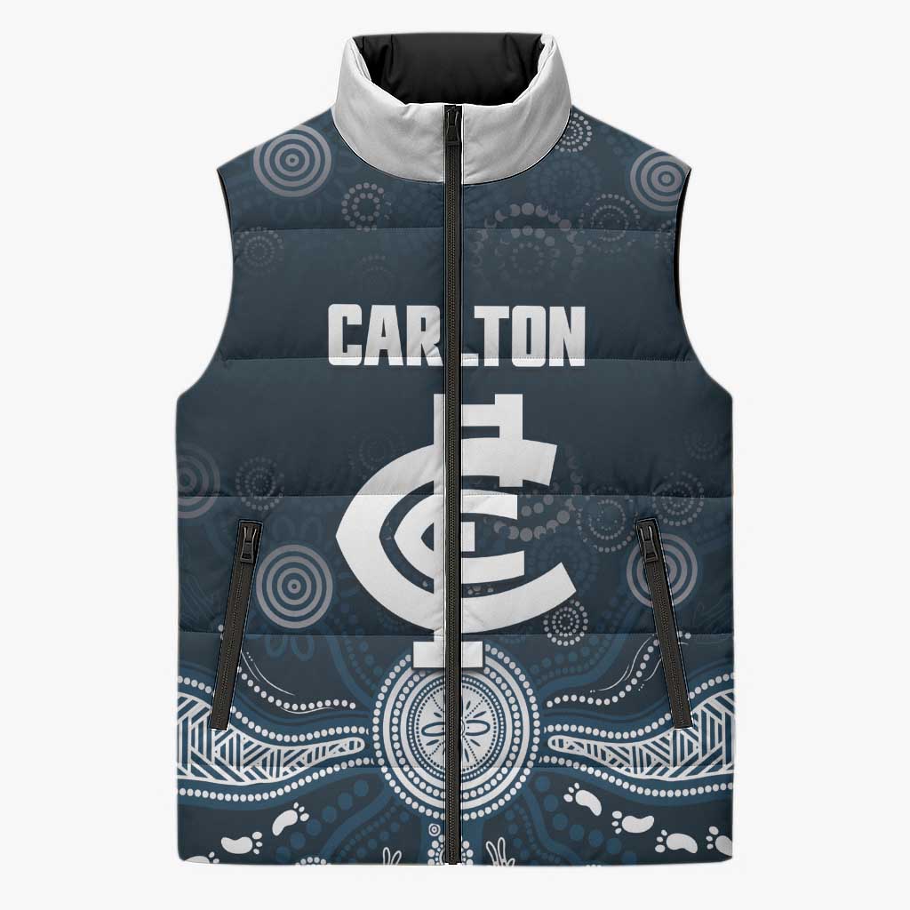 Custom Carlton Football Sleeveless Puffer Jacket Go Blues Aboriginal Art - Aussie Hoodie