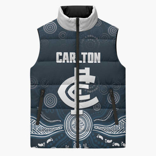Custom Carlton Football Sleeveless Puffer Jacket Go Blues Aboriginal Art - Aussie Hoodie