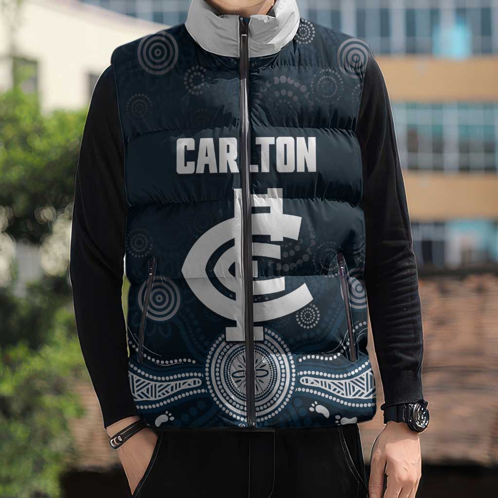 Custom Carlton Football Sleeveless Puffer Jacket Go Blues Aboriginal Art - Aussie Hoodie