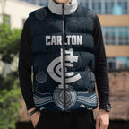 Custom Carlton Football Sleeveless Puffer Jacket Go Blues Aboriginal Art - Aussie Hoodie