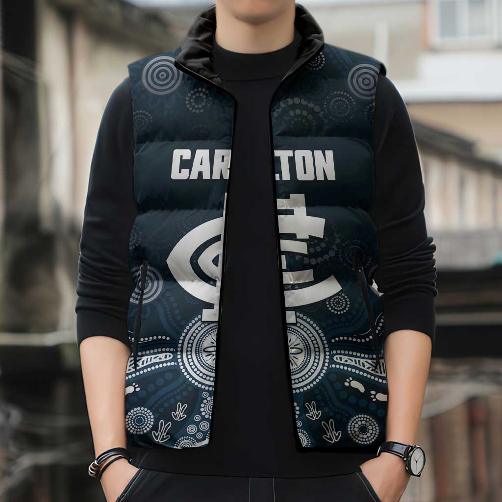 Custom Carlton Football Sleeveless Puffer Jacket Go Blues Aboriginal Art - Aussie Hoodie