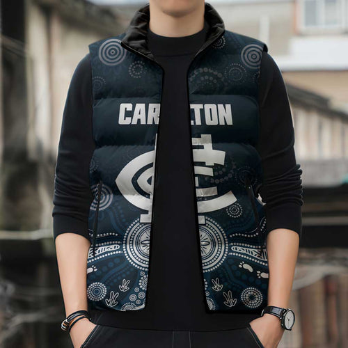 Custom Carlton Football Sleeveless Puffer Jacket Go Blues Aboriginal Art - Aussie Hoodie