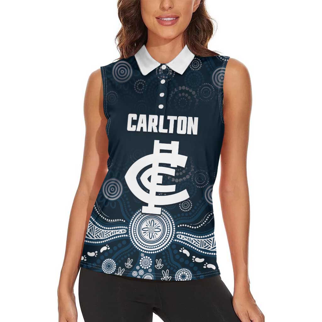 Custom Carlton Football Women Sleeveless Polo Shirt Go Blues Aboriginal Art - Aussie Hoodie