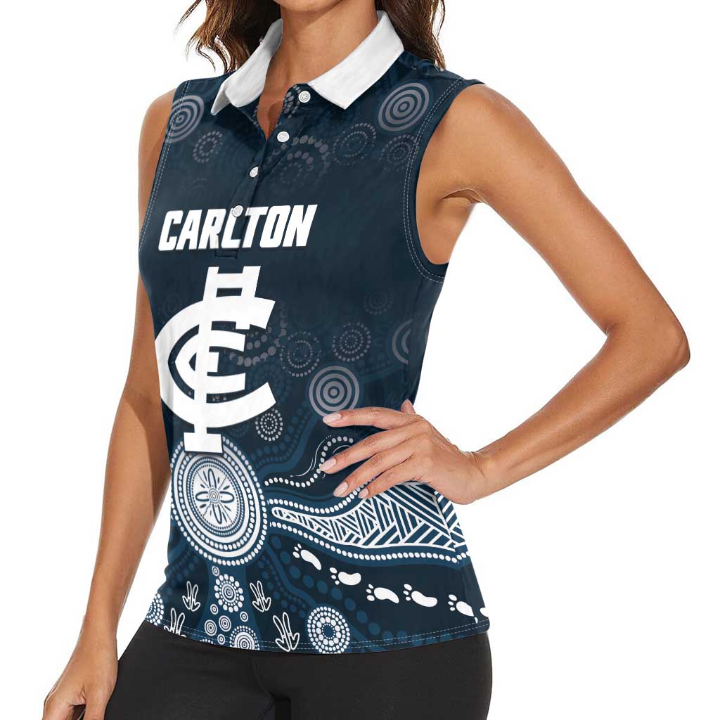 Custom Carlton Football Women Sleeveless Polo Shirt Go Blues Aboriginal Art - Aussie Hoodie