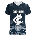 Custom Carlton Football Women V-Neck T-Shirt Go Blues Aboriginal Art - Aussie Hoodie