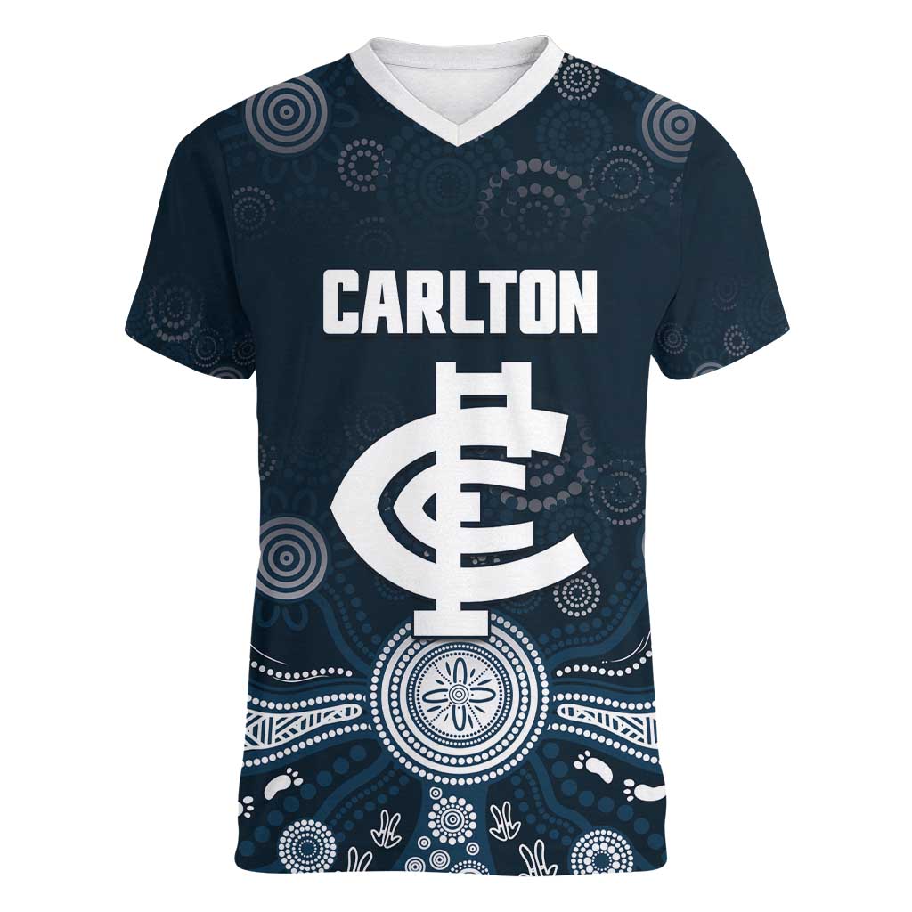 Custom Carlton Football Women V-Neck T-Shirt Go Blues Aboriginal Art - Aussie Hoodie