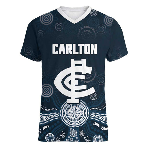Custom Carlton Football Women V-Neck T-Shirt Go Blues Aboriginal Art - Aussie Hoodie