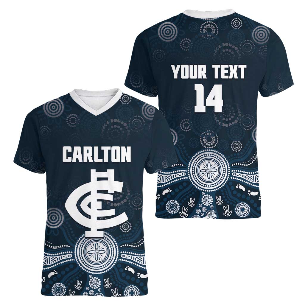 Custom Carlton Football Women V-Neck T-Shirt Go Blues Aboriginal Art - Aussie Hoodie