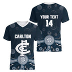 Custom Carlton Football Women V-Neck T-Shirt Go Blues Aboriginal Art - Aussie Hoodie