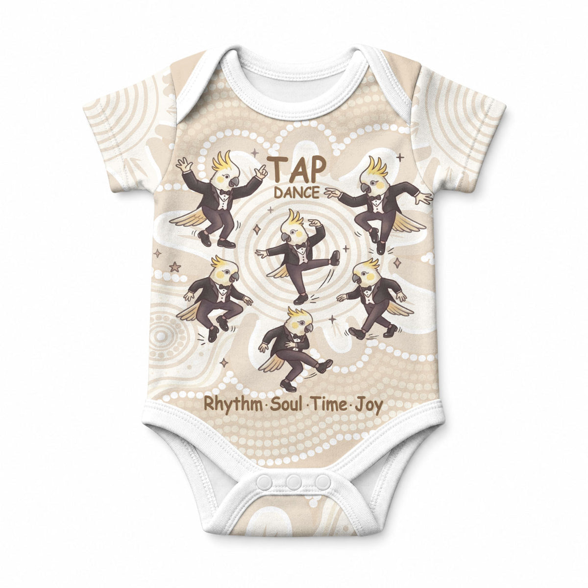 Tap Dance Australia Personalised Baby Onesie Yellow-crested Cockatoo Indigenous Art