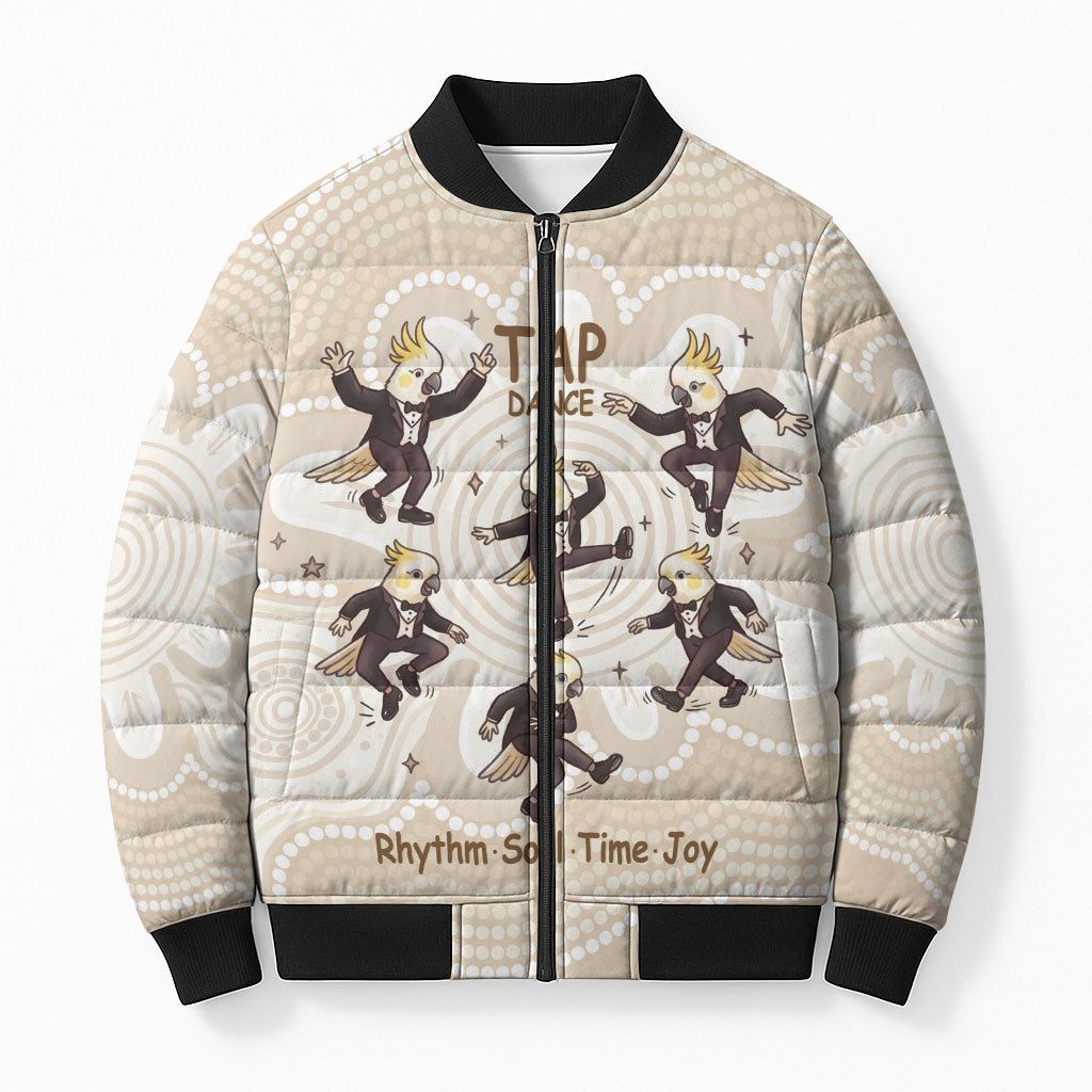 Tap Dance Australia Personalised Bomber Puffer Jacket Yellow-crested Cockatoo Indigenous Art