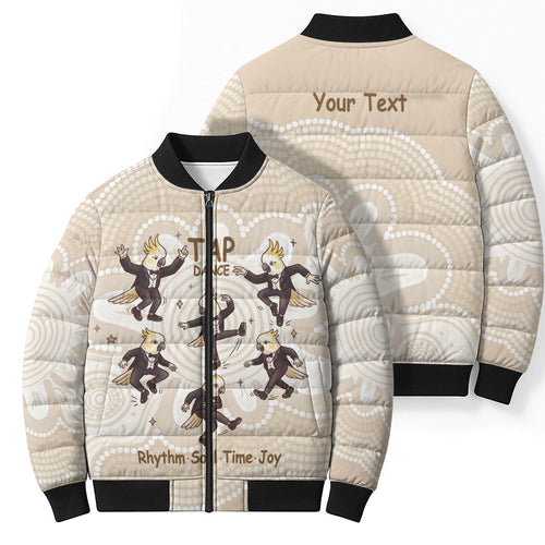 Tap Dance Australia Personalised Bomber Puffer Jacket Yellow-crested Cockatoo Indigenous Art