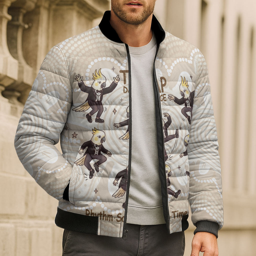 Tap Dance Australia Personalised Bomber Puffer Jacket Yellow-crested Cockatoo Indigenous Art