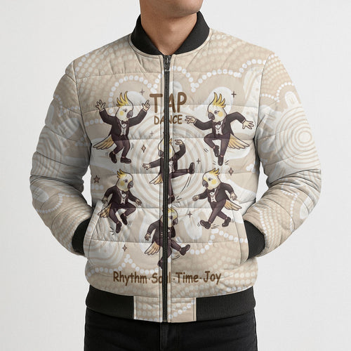 Tap Dance Australia Personalised Bomber Puffer Jacket Yellow-crested Cockatoo Indigenous Art