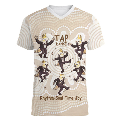 Tap Dance Australia Personalised Women V-Neck T-Shirt Yellow-crested Cockatoo Indigenous Art