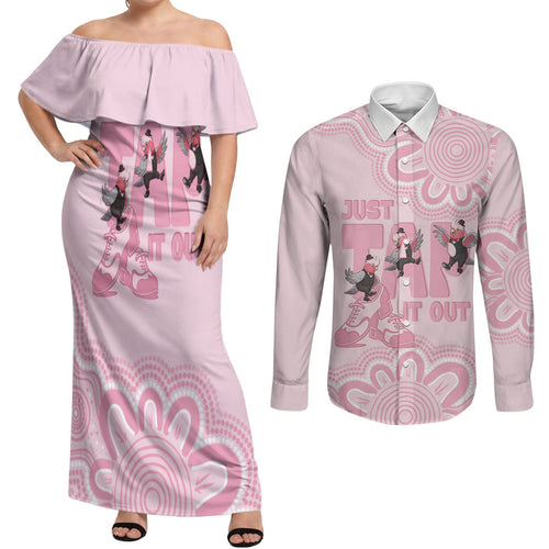 Tap Dance Australia Couples Matching Off Shoulder Maxi Dress and Long Sleeve Button Shirt Pink Galah Just Tap It Out
