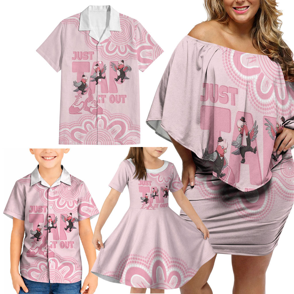 Tap Dance Australia Family Matching Off Shoulder Short Dress and Hawaiian Shirt Pink Galah Just Tap It Out