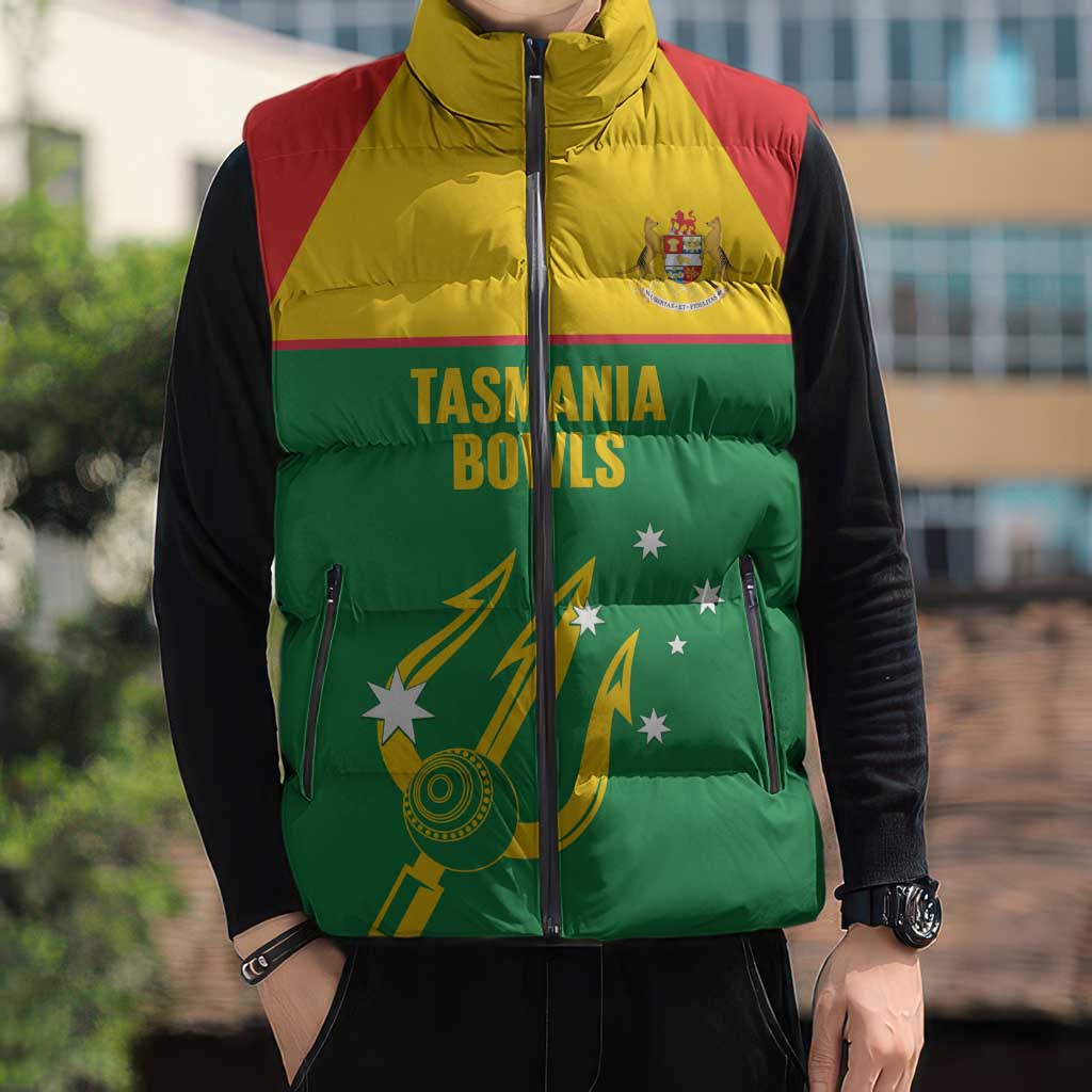 Custom Tasmania Bowls Australia Sleeveless Puffer Jacket Go Tasmanian Tridents - Aussie Hoodie