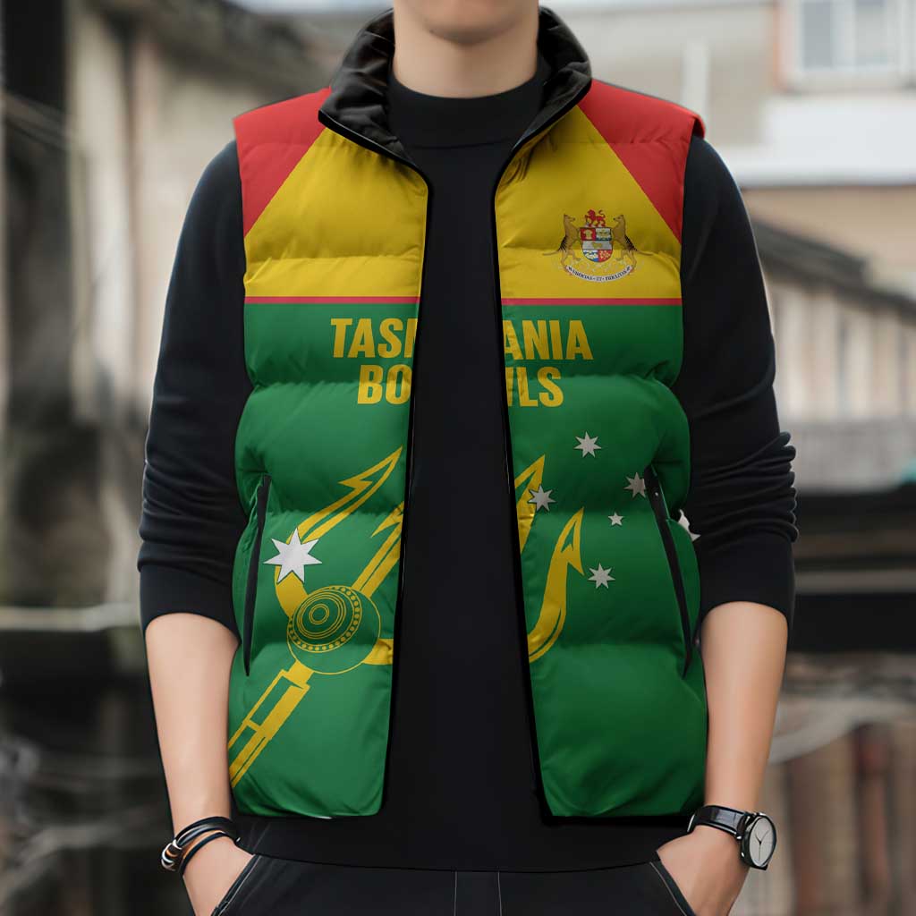 Custom Tasmania Bowls Australia Sleeveless Puffer Jacket Go Tasmanian Tridents - Aussie Hoodie