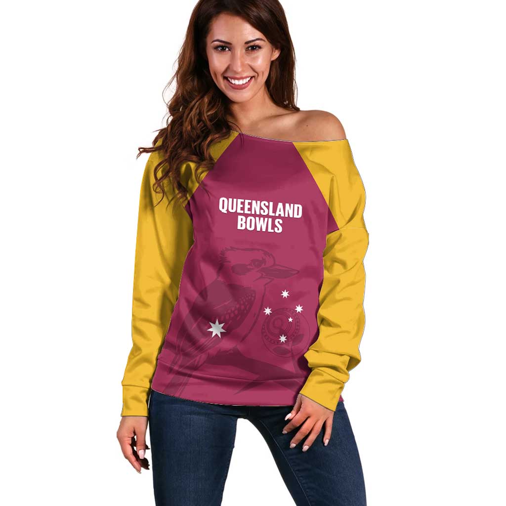 Custom Queensland Bowls Australia Off Shoulder Sweater Go Champions QLD Kookaburra - Aussie Hoodie