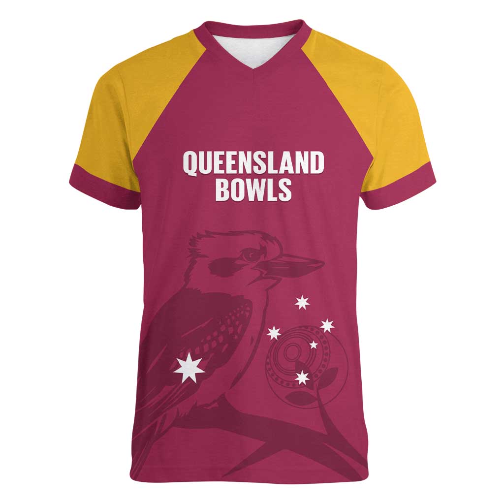 Custom Queensland Bowls Australia Women V-Neck T-Shirt Go Champions QLD Kookaburra - Aussie Hoodie