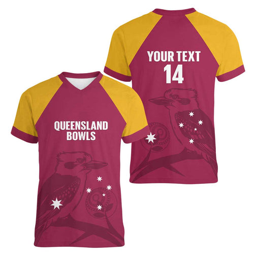 Custom Queensland Bowls Australia Women V-Neck T-Shirt Go Champions QLD Kookaburra - Aussie Hoodie