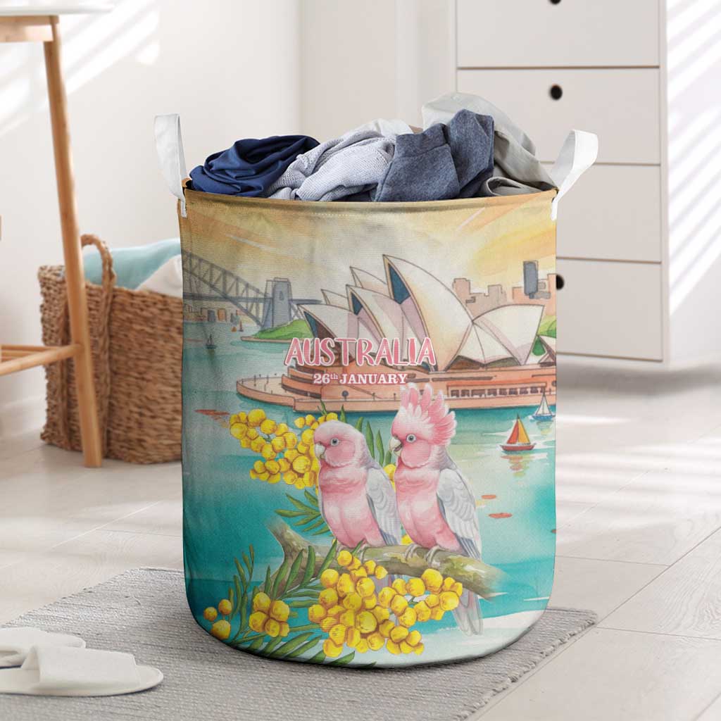 Pink Galah Australia Day Laundry Basket Aussie Sydney Opera House Watercolor Stylized - Aussie Hoodie
