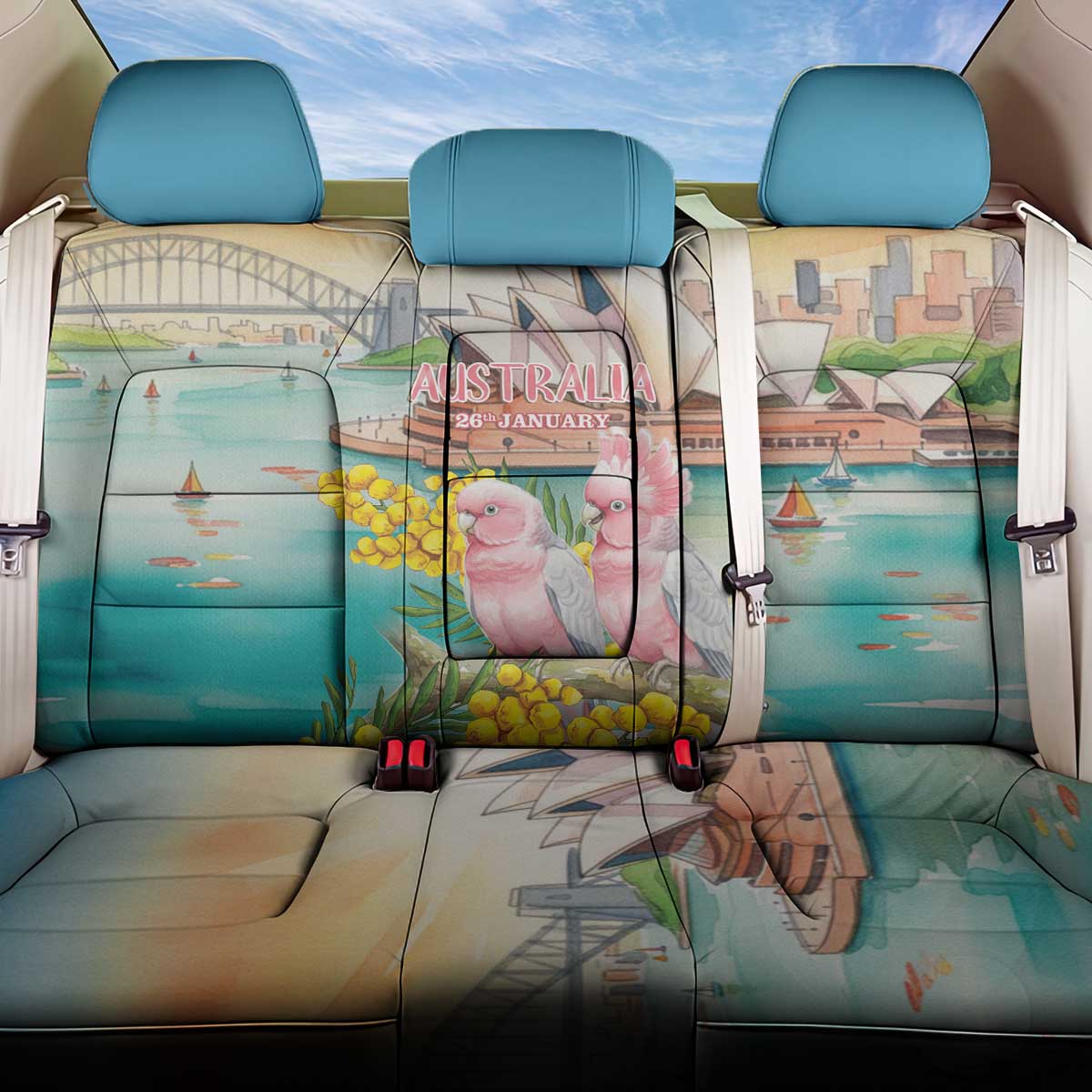 Pink Galah Australia Day Back Car Seat Cover Aussie Sydney Opera House Watercolor Stylized - Aussie Hoodie