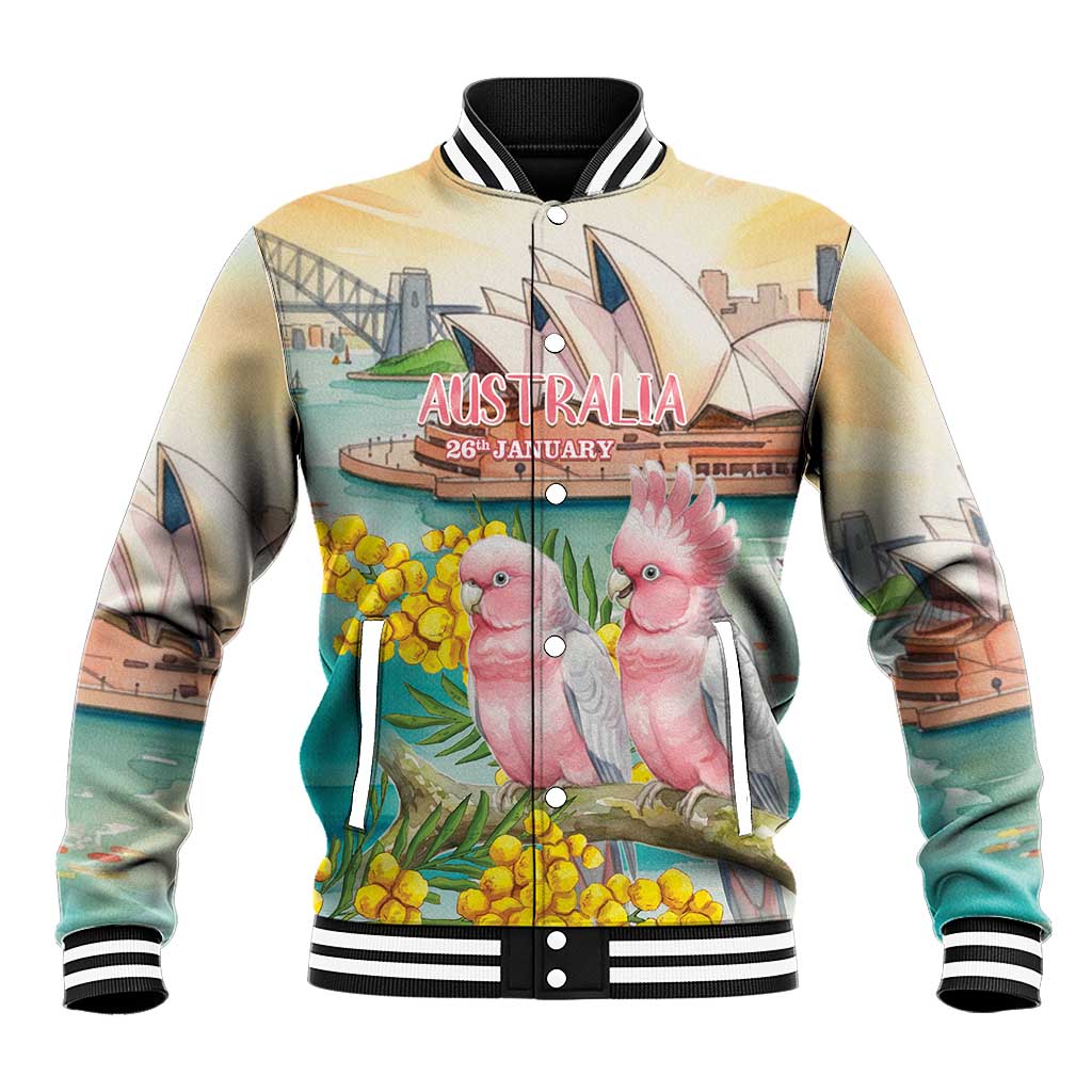 Personalised Pink Galah Australia Day Baseball Jacket Aussie Sydney Opera House Watercolor Stylized - Aussie Hoodie