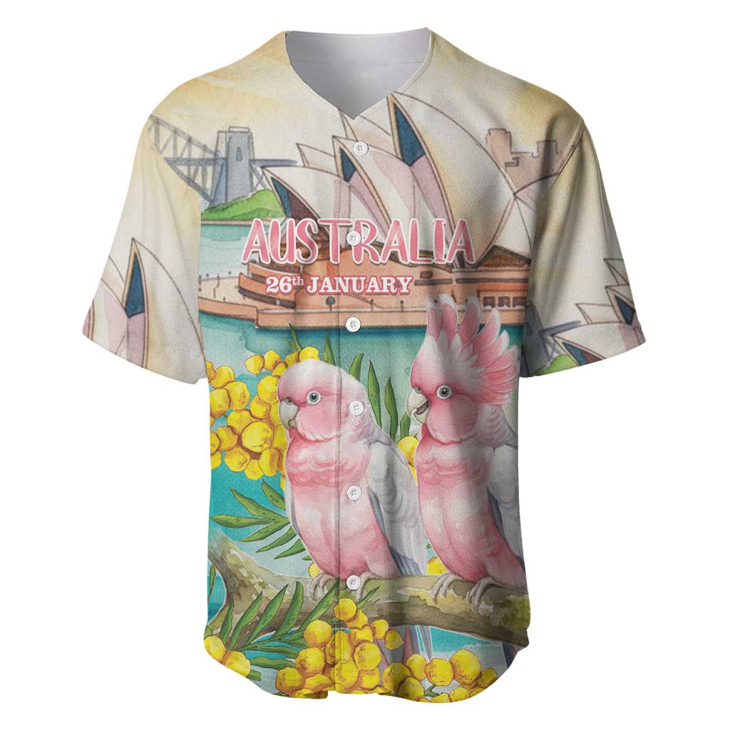 Personalised Pink Galah Australia Day Baseball Jersey Aussie Sydney Opera House Watercolor Stylized - Aussie Hoodie