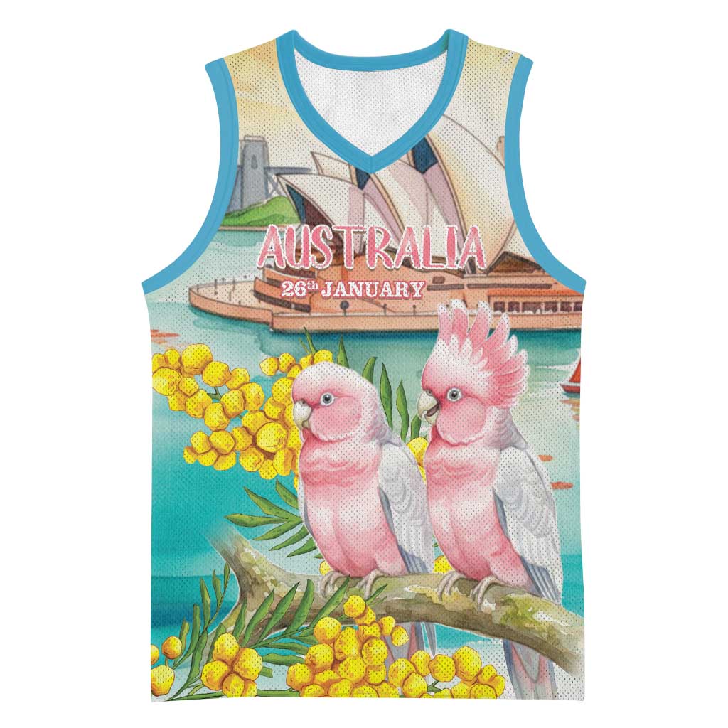 Personalised Pink Galah Australia Day Basketball Jersey Aussie Sydney Opera House Watercolor Stylized - Aussie Hoodie