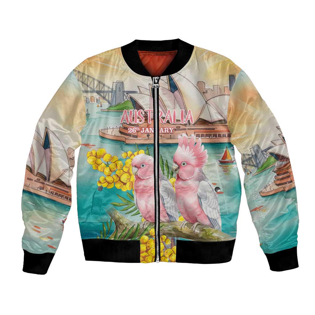 Personalised Pink Galah Australia Day Bomber Jacket Aussie Sydney Opera House Watercolor Stylized - Aussie Hoodie