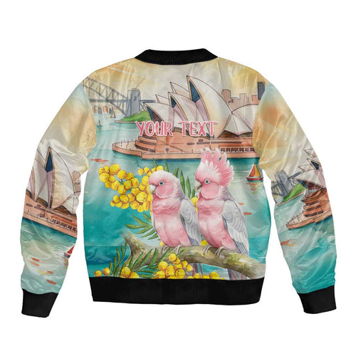 Personalised Pink Galah Australia Day Bomber Jacket Aussie Sydney Opera House Watercolor Stylized - Aussie Hoodie