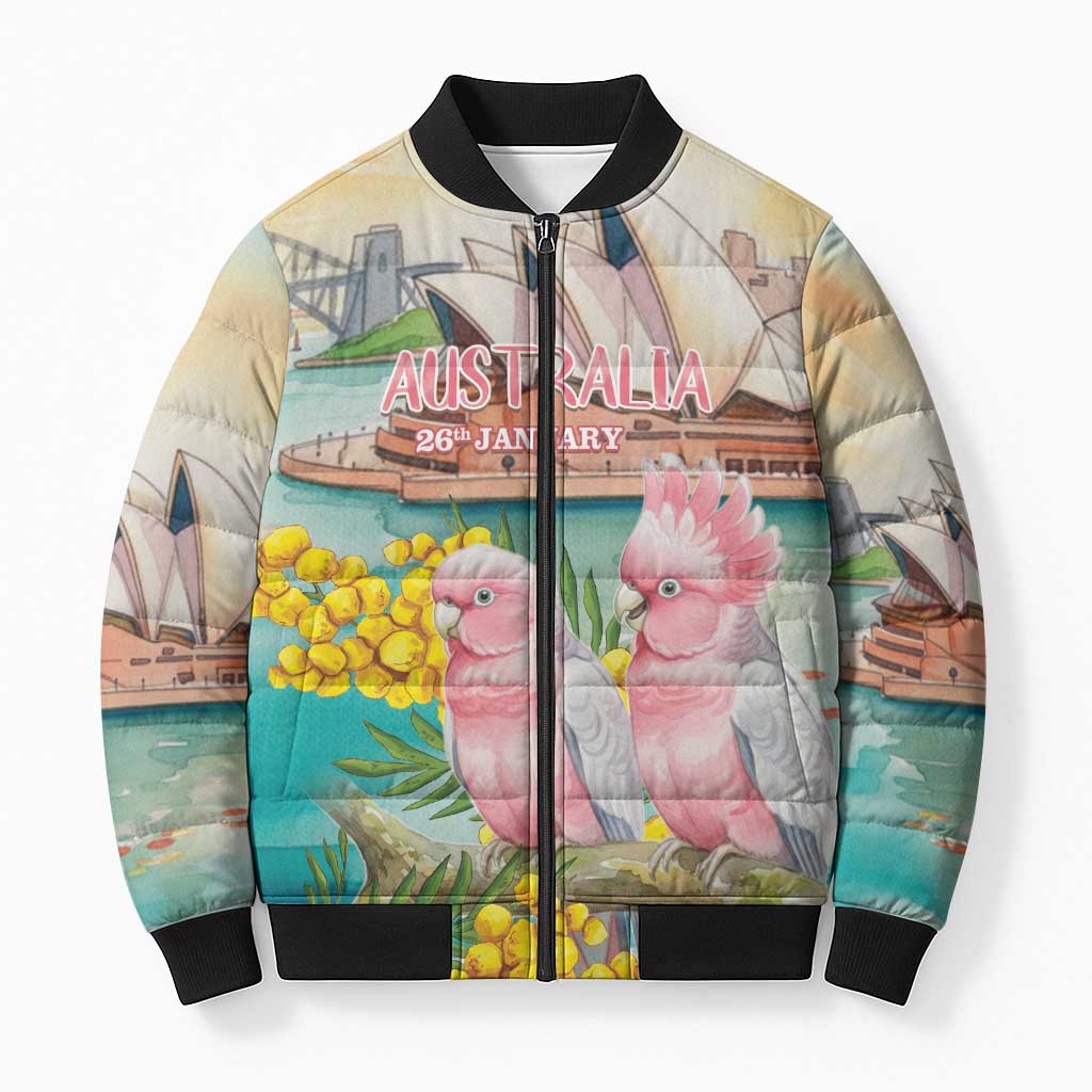 Personalised Pink Galah Australia Day Bomber Puffer Jacket Aussie Sydney Opera House Watercolor Stylized - Aussie Hoodie