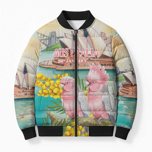 Personalised Pink Galah Australia Day Bomber Puffer Jacket Aussie Sydney Opera House Watercolor Stylized - Aussie Hoodie