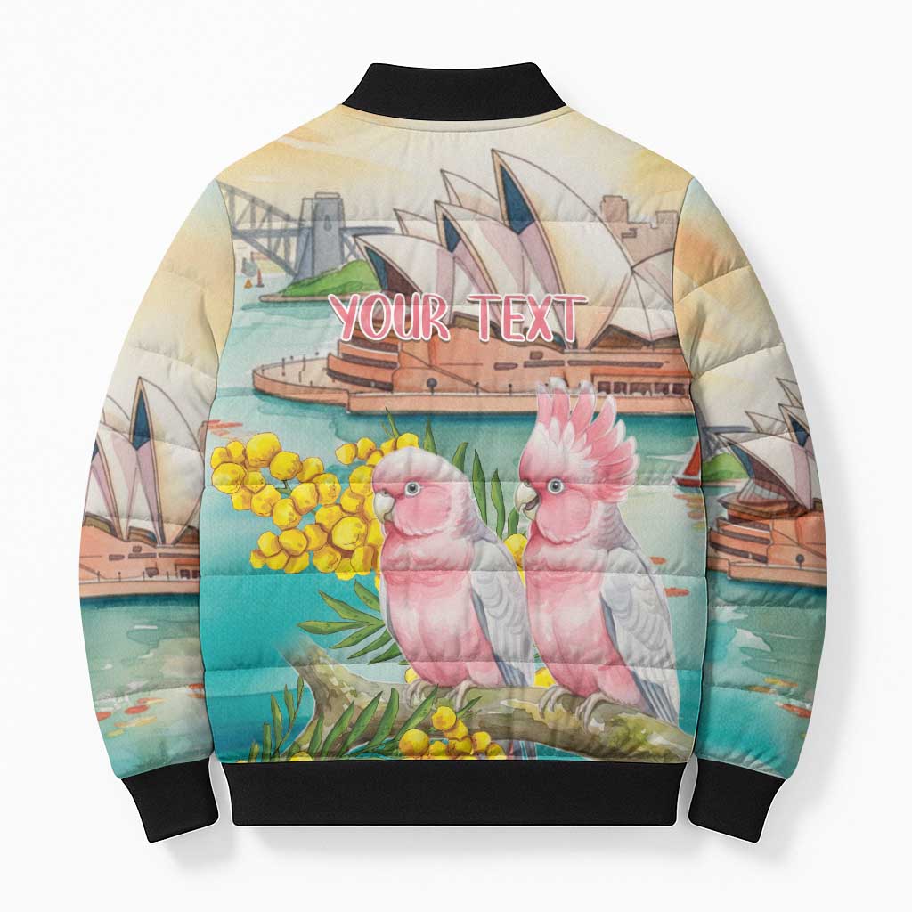 Personalised Pink Galah Australia Day Bomber Puffer Jacket Aussie Sydney Opera House Watercolor Stylized - Aussie Hoodie