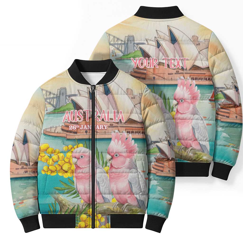 Personalised Pink Galah Australia Day Bomber Puffer Jacket Aussie Sydney Opera House Watercolor Stylized - Aussie Hoodie