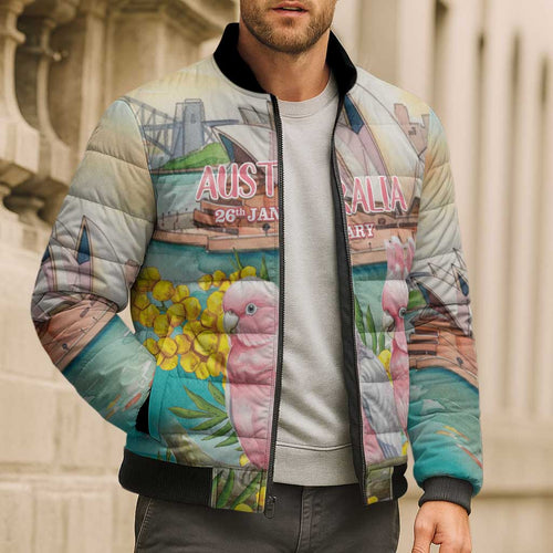 Personalised Pink Galah Australia Day Bomber Puffer Jacket Aussie Sydney Opera House Watercolor Stylized - Aussie Hoodie