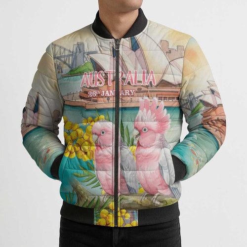 Personalised Pink Galah Australia Day Bomber Puffer Jacket Aussie Sydney Opera House Watercolor Stylized - Aussie Hoodie